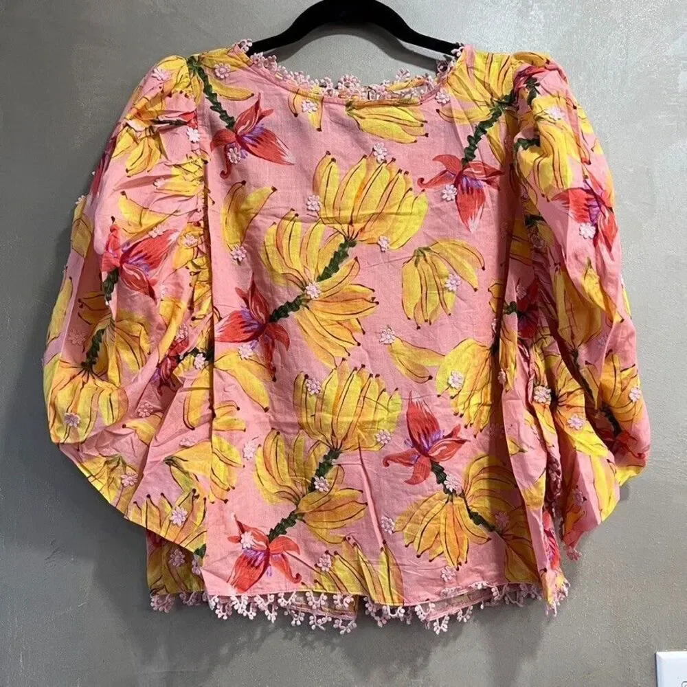 Anthropologie Farm Rio Banana Taste Applique Puff Sleeve Blouse Pink Small S NEW